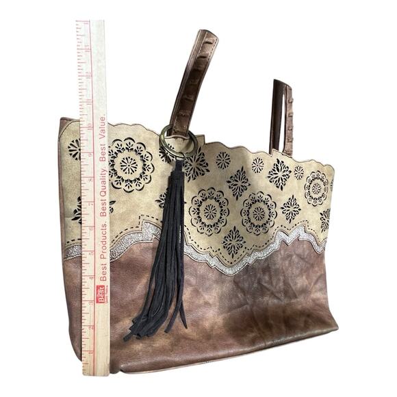 Catchfly Mandala Filigree Concealed Carry Handbag Shoulder Tote Boho Tassel Tan - Picture 13 of 16